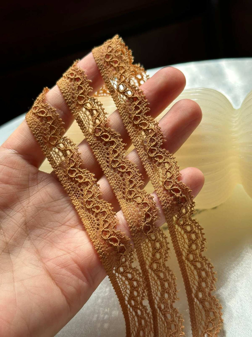 10yds Caramel Camel Brown Cordonnet Corded Stretch Elastic Lace Trim Single Scalloped Narrow Ribbon for Lingerie  Crafts Sewing, 0.6"