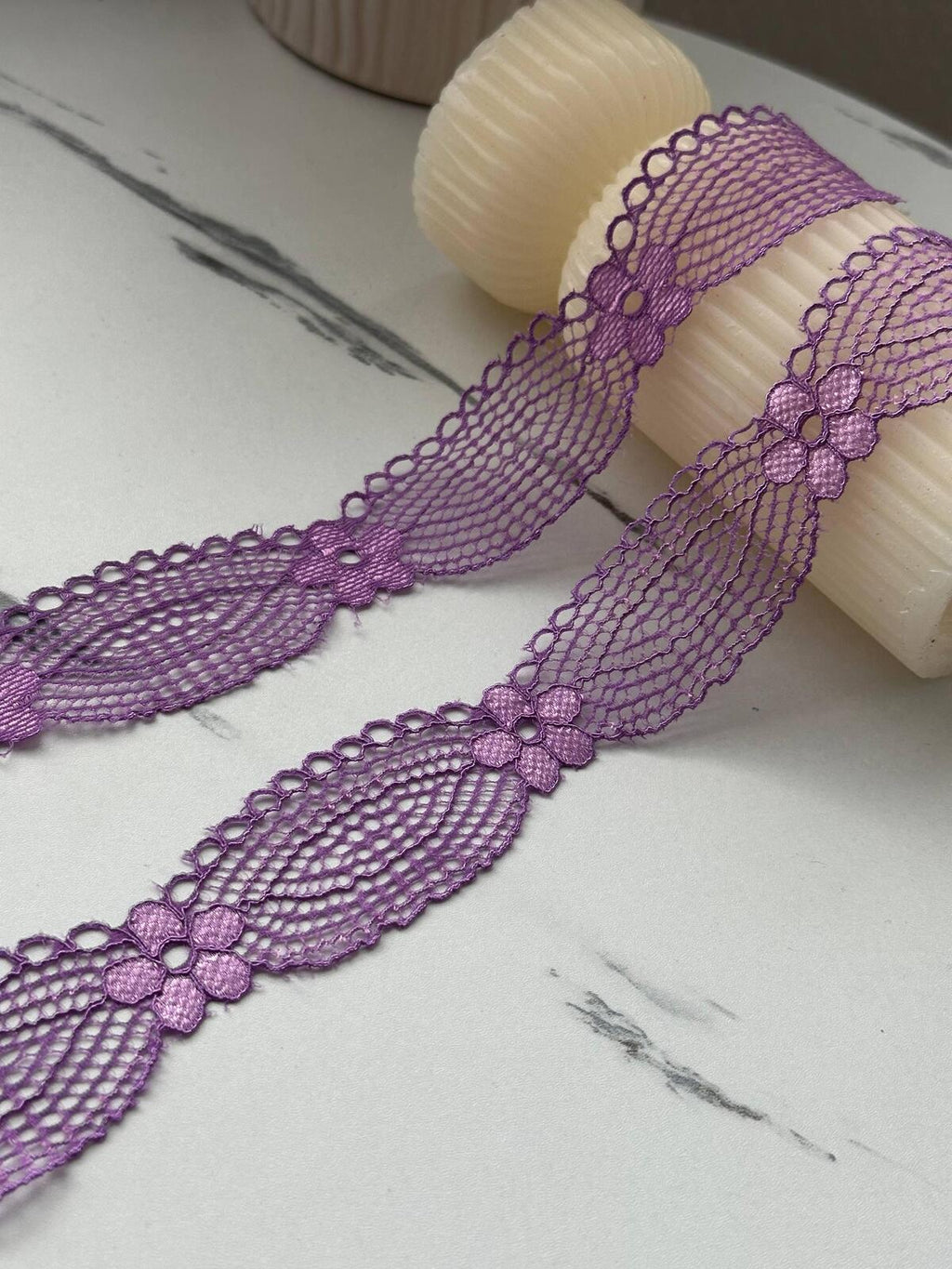 10Yds Stretch 1.4" Purple Flower Mesh Eyelet Scalloped Stretch Lace Trim