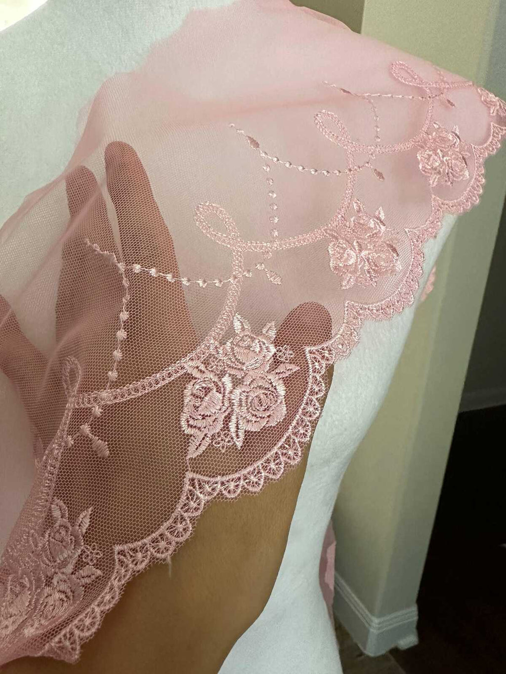 Light Baby Pink Rose Embroidered Mesh Tulle Lace Trim Symmetrical Double Scalloped Wide Galloon Ribbon for Gowns Lingerie Crafts Sewing, 6"