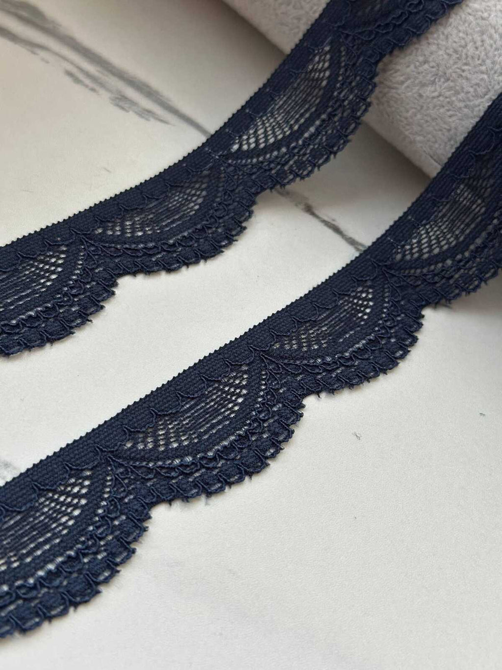 10Yds Stretch 1" Dark Navy Blue Scalloped Floral Stretch Lace Trim Wholesale