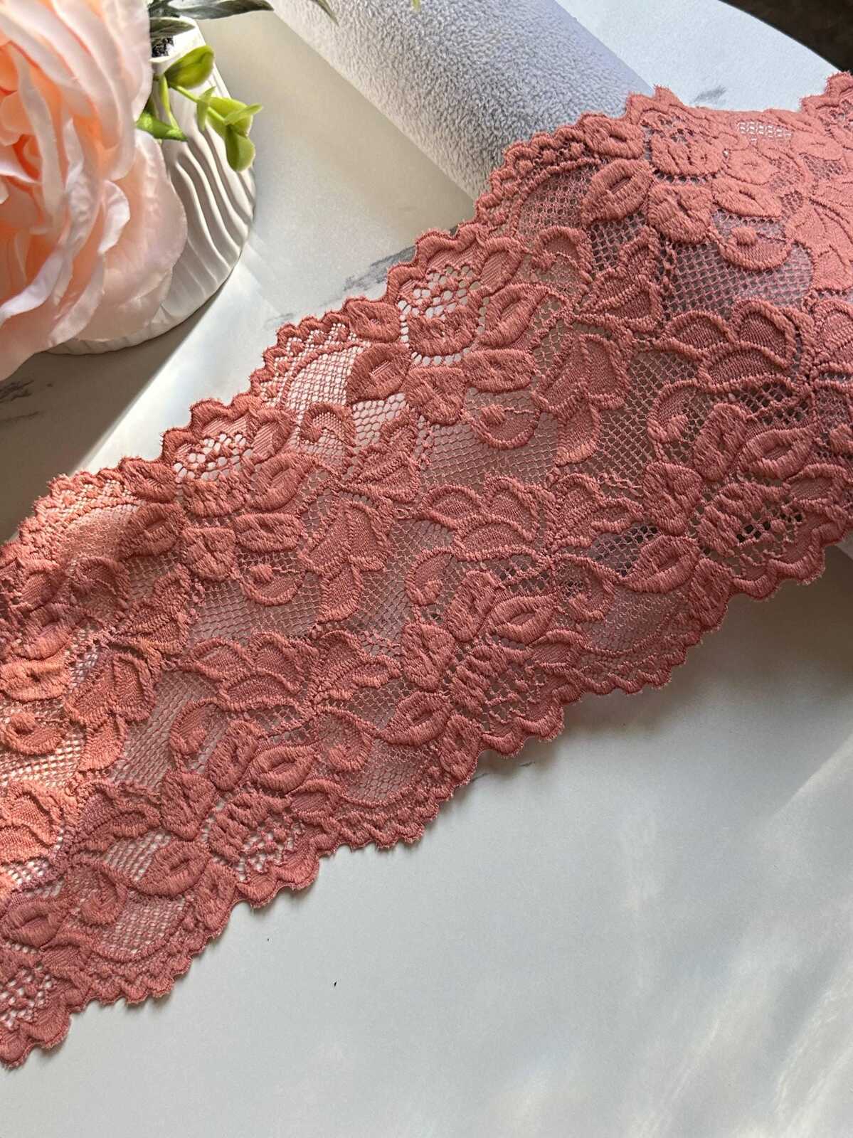 Dusty Rose Wide Lace Trim by Yard, 5" Floral Elastic Ribbon, Coquette Y2K Lace, Lingerie Lace, DIY Sewing Craft, Retail Wholesale