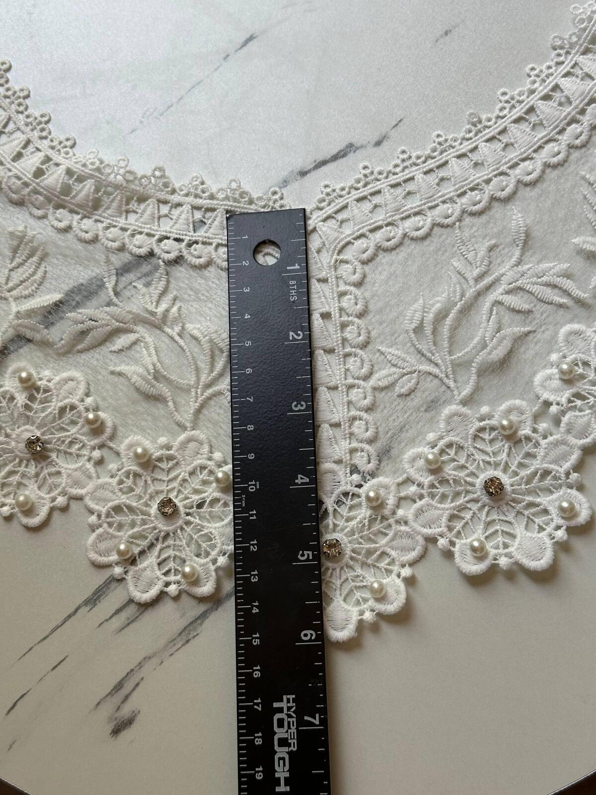 Off White Beaded Rhinestone Guipure Lace Collar  Pearl Accent Neckline Applique Statement Bodice Motif for Gowns Blouses, 6"