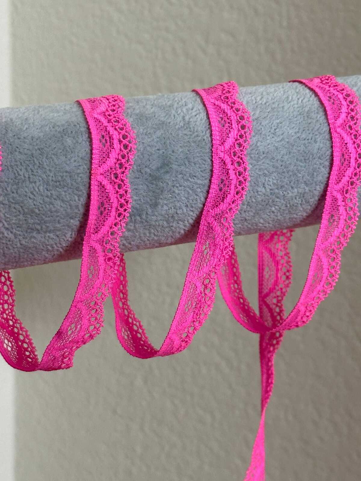 10yds 0.6" Hot Pink Stretch Elastic Lace Trim Dainty Scalloped Edge Neon Pink Ribbon for Lingerie Underwear  Crafts Sewing Retail Wholesale