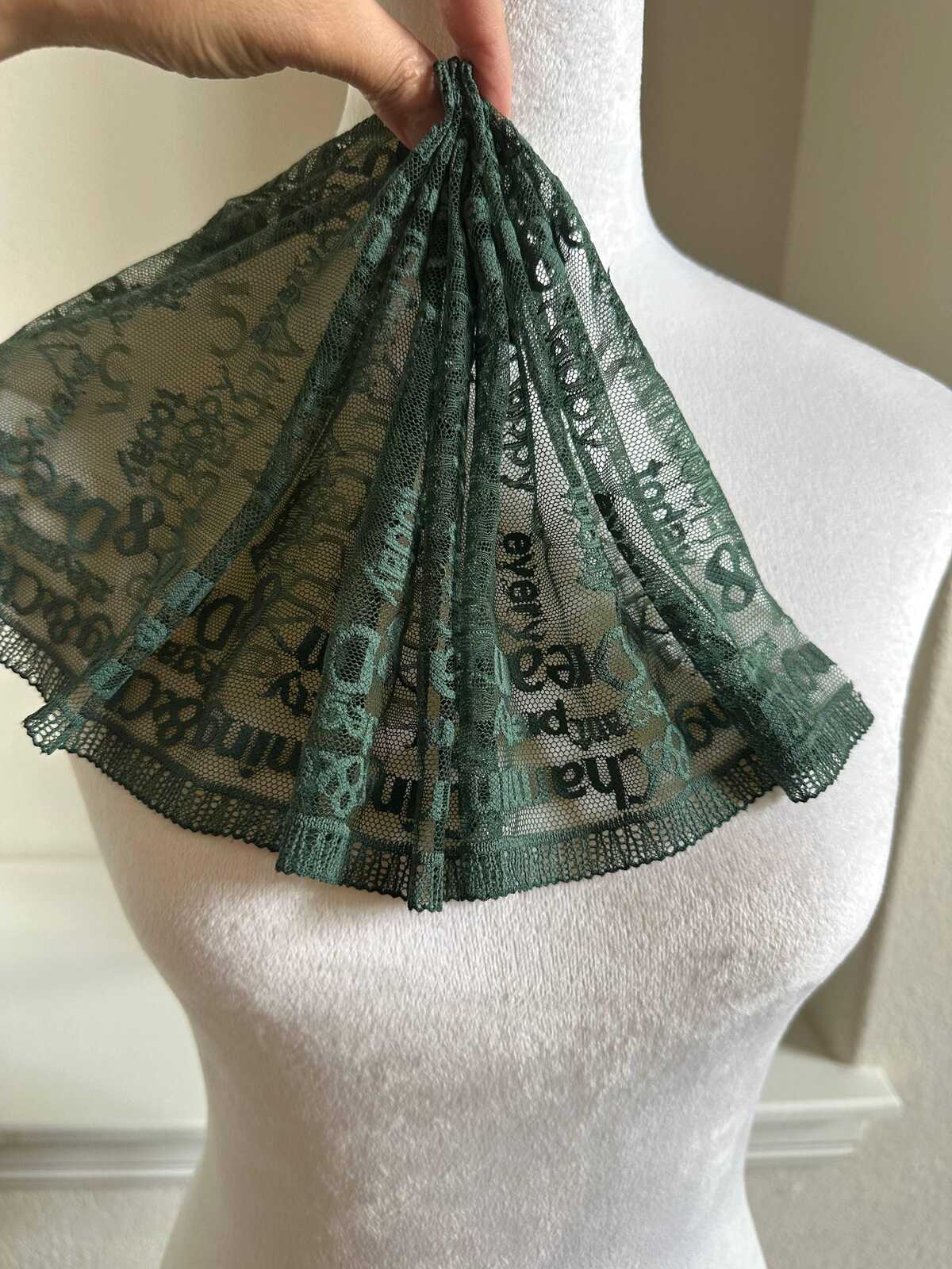 Two Tone Forest Green English Alphabet Letters Embroidered Mesh Lace Trim Single Scalloped Tulle Ribbon for Lingerie Gowns Crafts, 7.8"