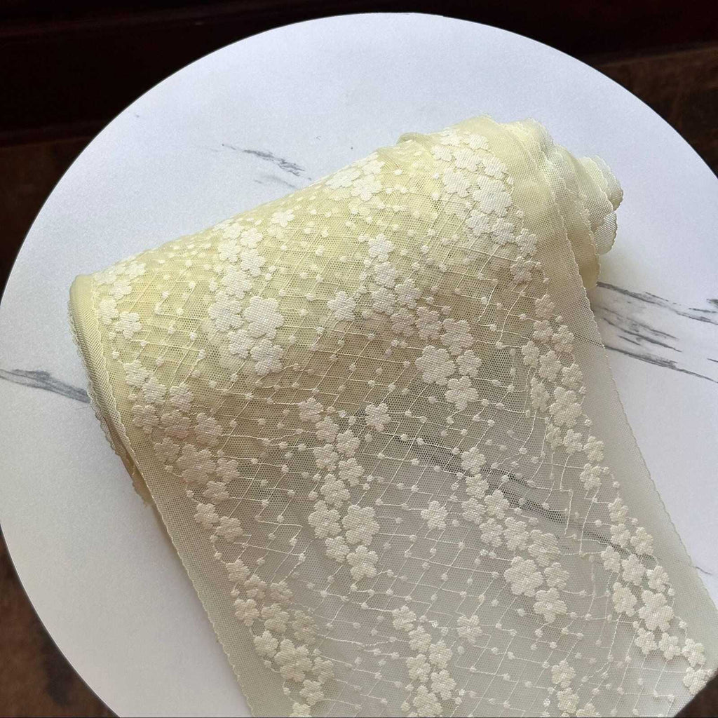 Lemon Cream Floral Stretch Lace Trim for Large Scrunchies Corset Gowns, Symmetrical Double Edge Extra Wide Galloon Elastic Ribbon, 8.5"