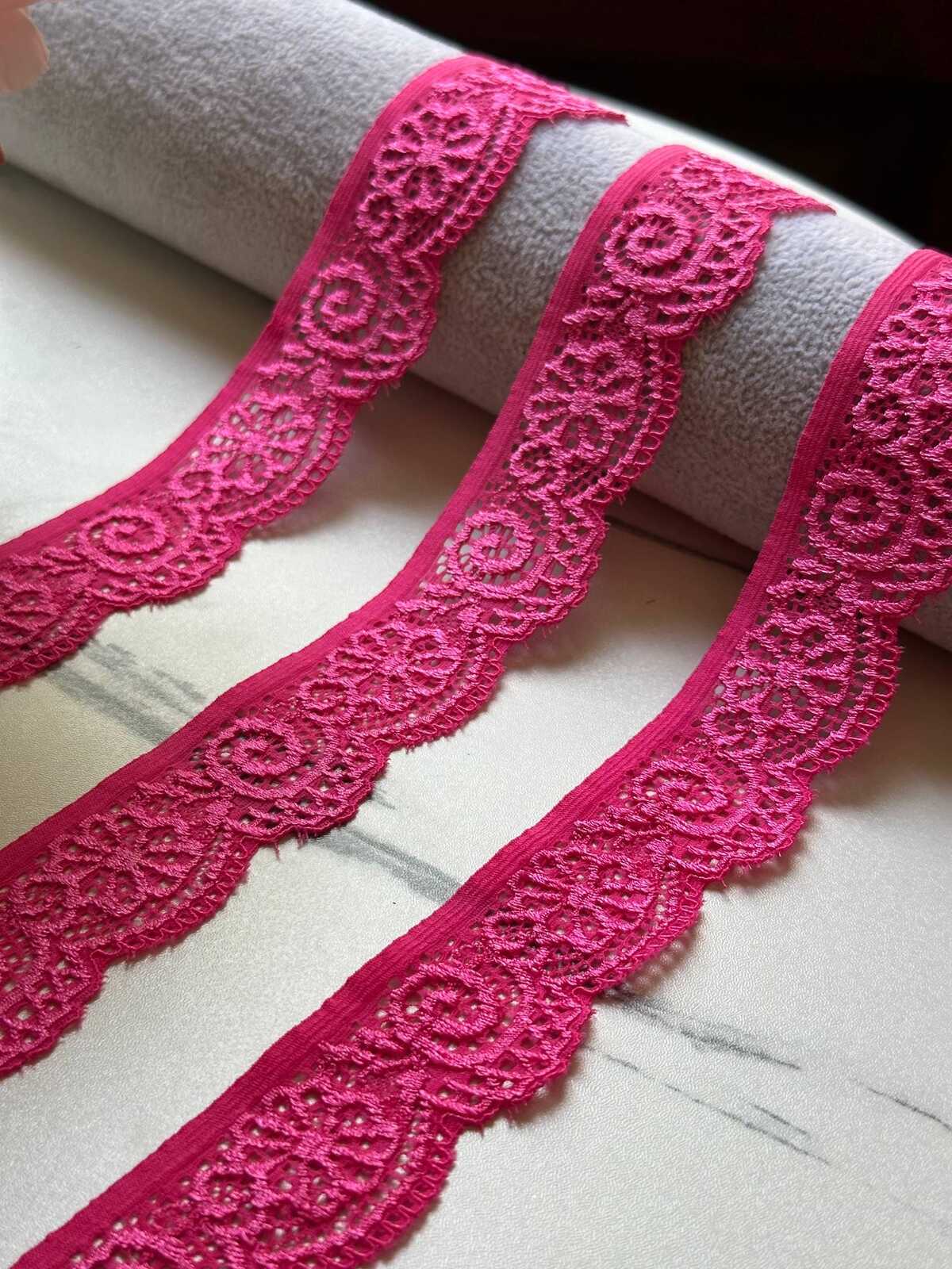 10yds  Vibrant Hot Fuchsia Pink Floral Stretch Lace Trim by the Yard, Scalloped Elastic Ribbon for Coquette Crafts, 1.1" Retail Wholesale