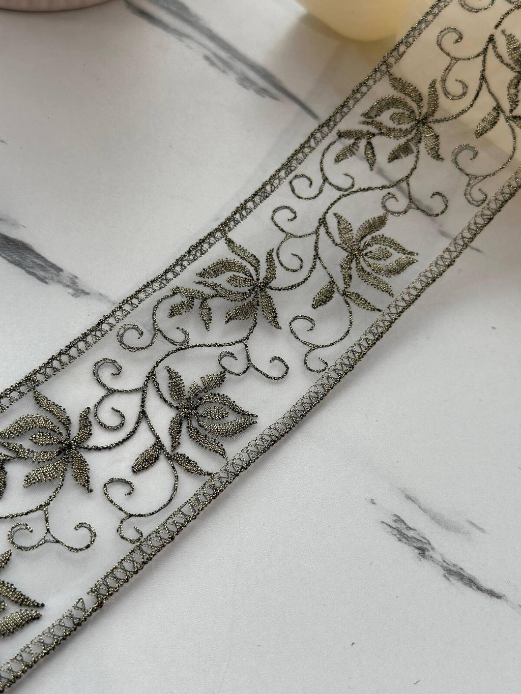 5Yds Non-Stretch 2.15" Antique Gold Floral Organza Embroidered Lace Trim