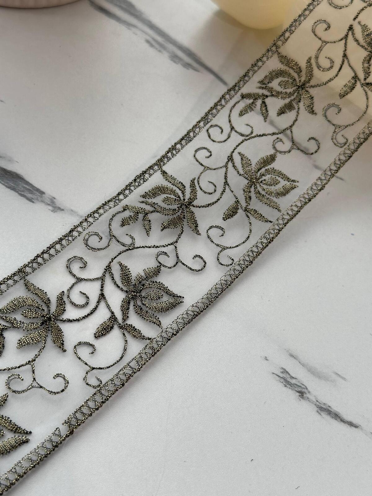 5Yds Non-Stretch 2.15" Antique Gold Floral Organza Embroidered Lace Trim