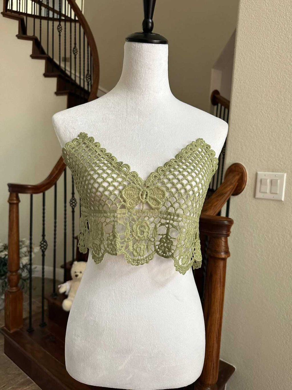 Muted Sage Green Guipure Water Soluble Lace Bodice Applique Motif Butterfly Floral Embroidered Front Panel for Camisole Blouse Sewing, 18"