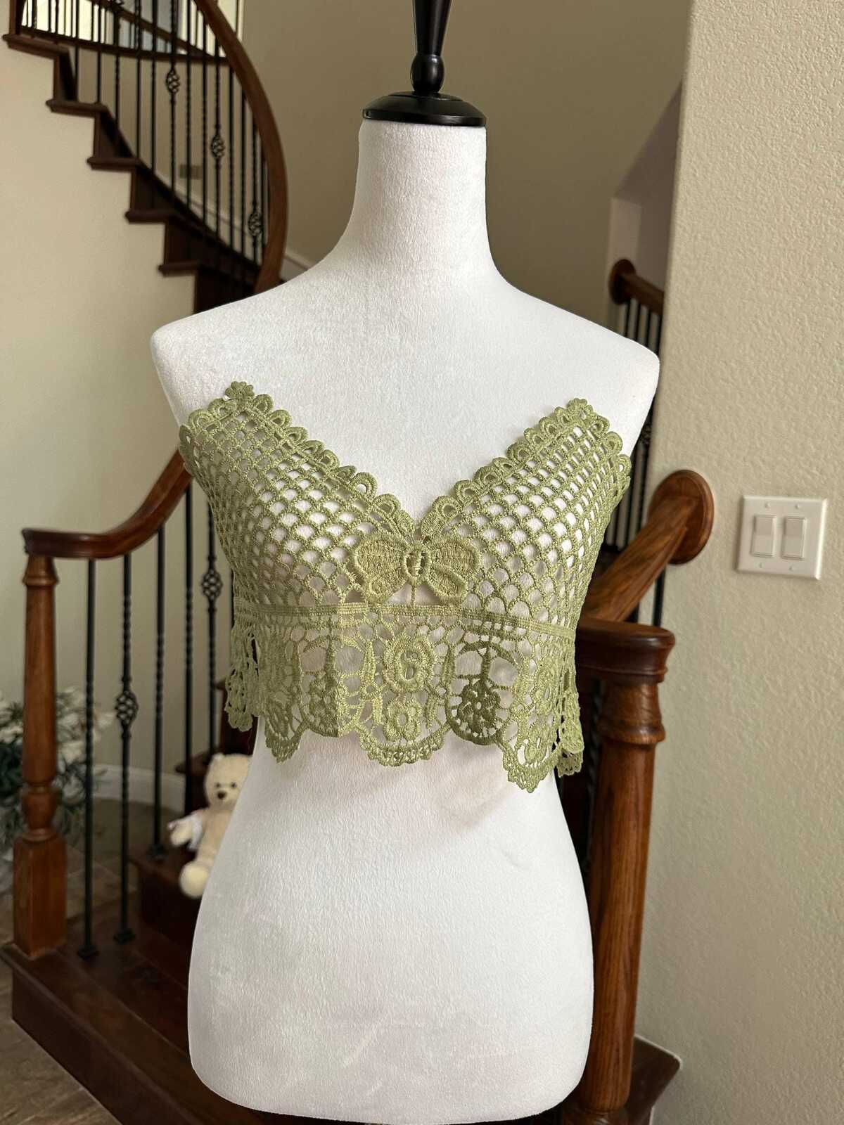 Muted Sage Green Guipure Water Soluble Lace Bodice Applique Motif Butterfly Floral Embroidered Front Panel for Camisole Blouse Sewing, 18"