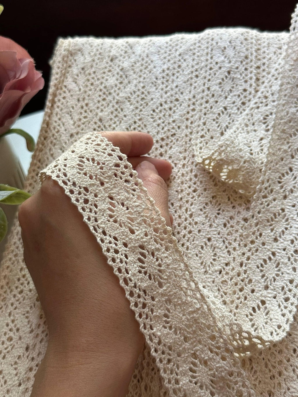 Natural Beige Cotton Crochet Lace Trim by the Yard, Vintage Symmetrical Scalloped Insertion Ribbon for Crafts, 1.4"