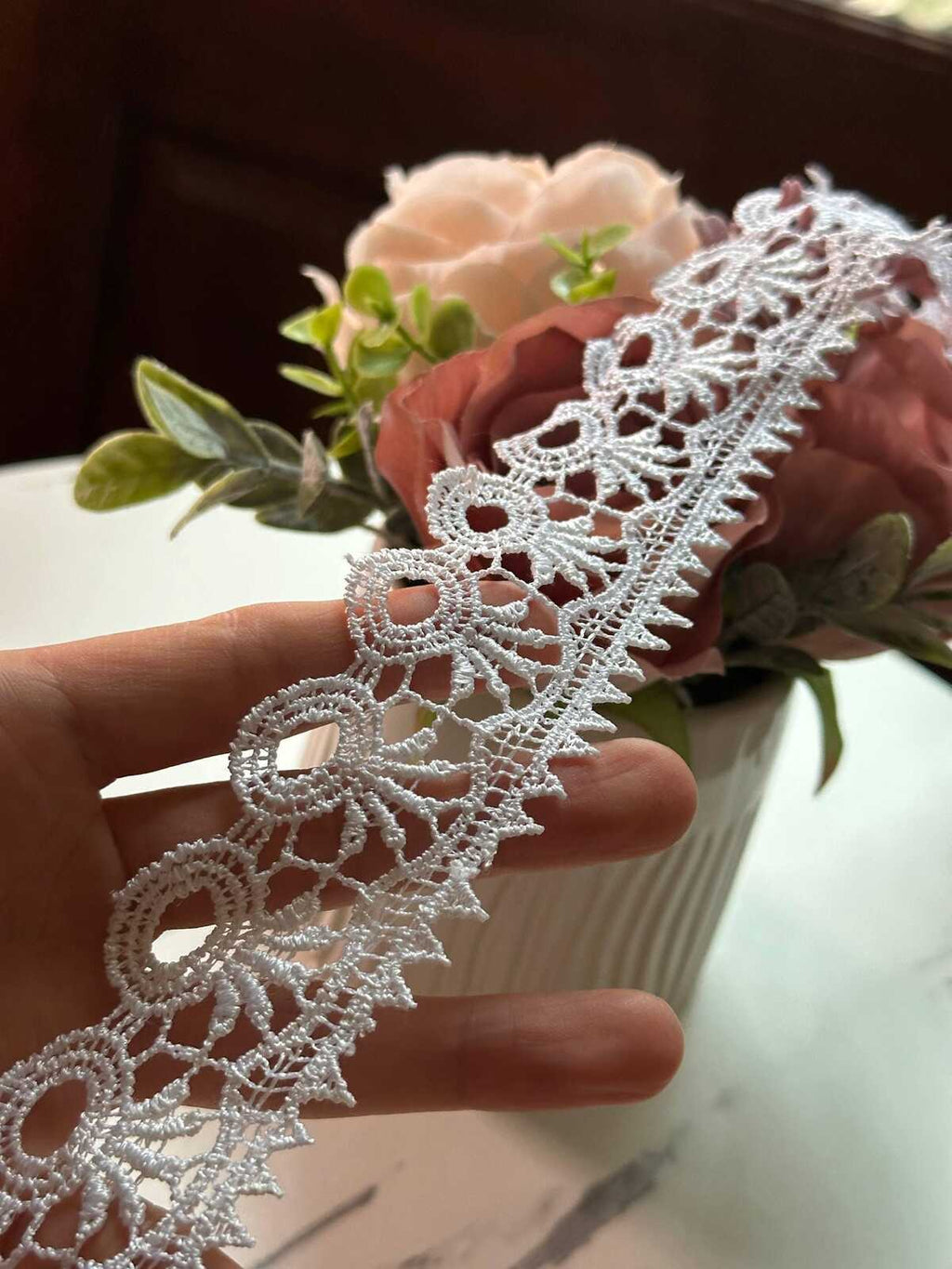 Off White Guipure Lace Trim Geometric Eyelet Water Soluble Venise Lace Ribbon Single Scalloped Border for Gowns Blouses Crafts, 1.5"
