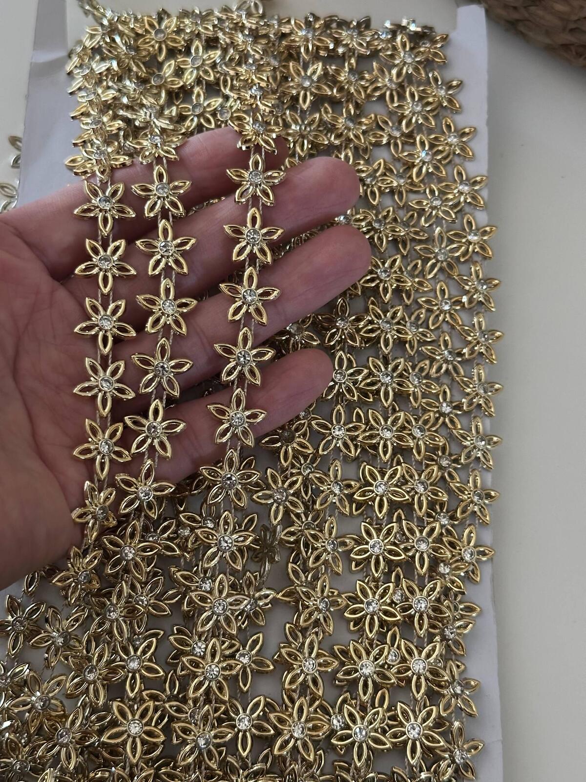 1Yd Non-Stretch 0.8" Wide Gold Metallic Flower Trim, Bulk Clearance Coquette Y2K Lace, Rhinestone Chain, DIY Sewing, Retail Wholesale
