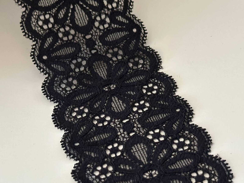 10yds Black Floral Stretch Lace, 2.1" Elastic Ribbon, Bulk Clearance Coquette Y2K Lace, Lingerie Lace, DIY Sewing, Retail Wholesale