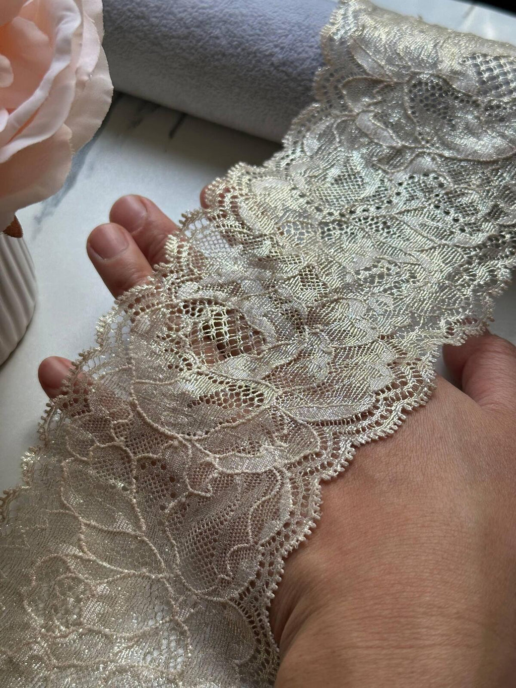 3yds Gold Metallic Floral Stretch Lace Trim, 3.5" Shimmer Ribbon, Bulk Clearance Coquette Y2K Lace, Lingerie, DIY Sewing, Retail Wholesale