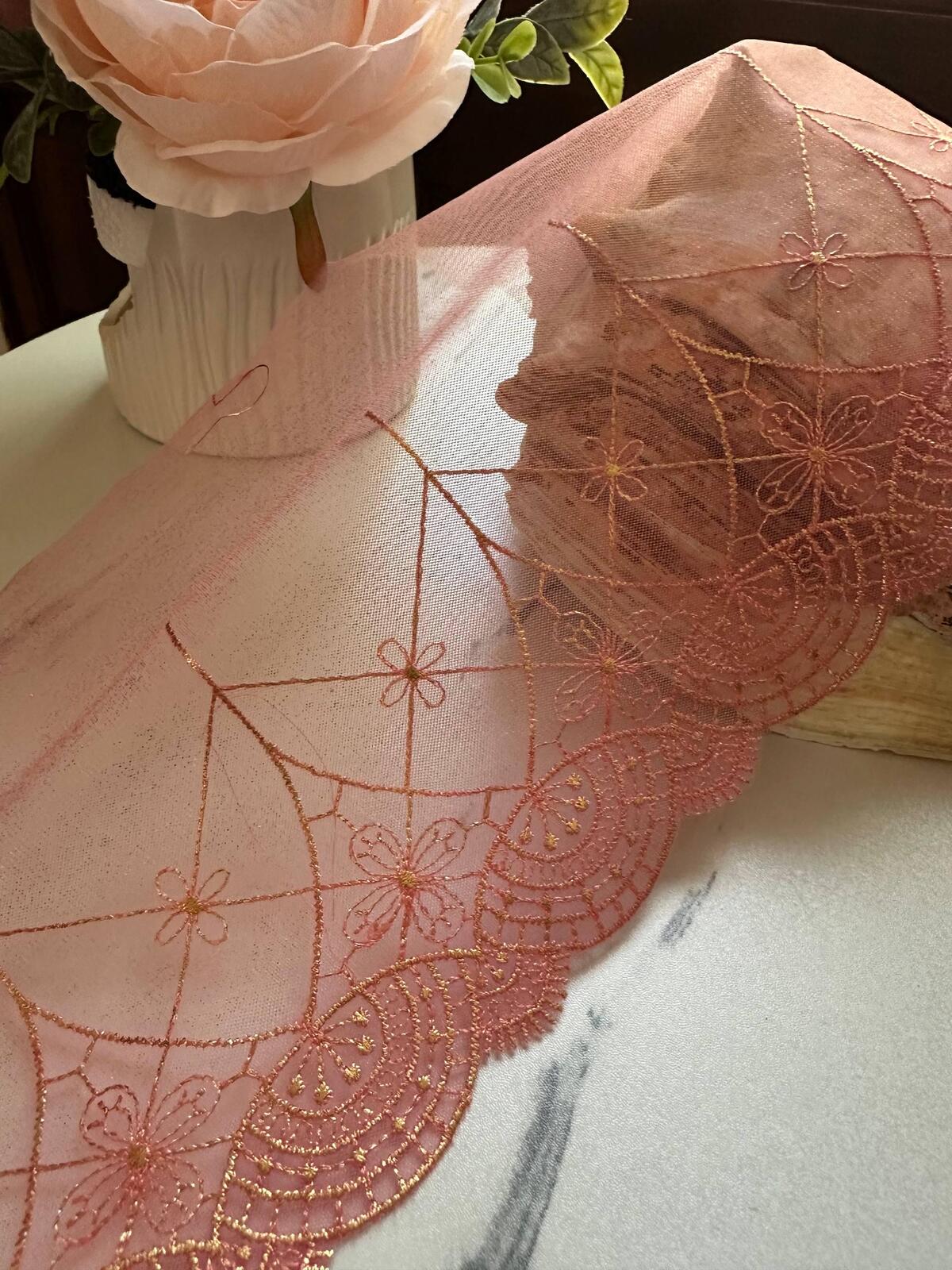 Iridescent Mermaid Pink Gold Embroidered Mesh Lace Trim by Yard, Shimmering Scalloped Tulle Ribbon, 6", Retail Wholesale Bulk