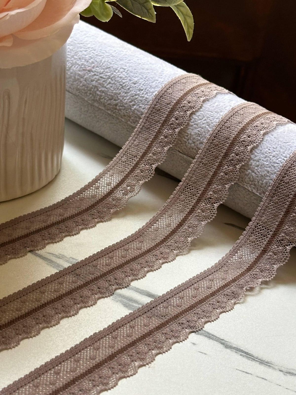 Soft Two Tone Milk Tea Mocha Brown Stretch Lace Trim by the Yard, Scalloped Elastic Ribbon for Coquette Crafts, 1", Retail Wholesale Bulk