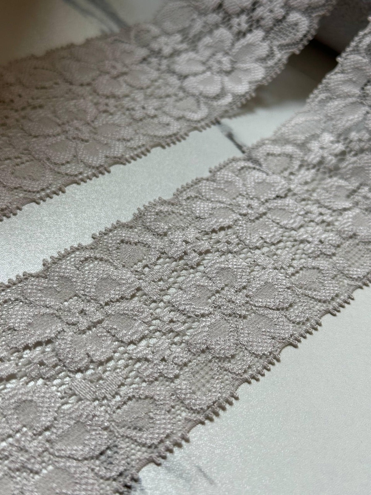Taupe Grey Floral Stretch Lace Trim by Yard, Elastic Ribbon, Soft Skin Friendly Coquette Craft Supply, 2.15", Retail Wholesale Bulk