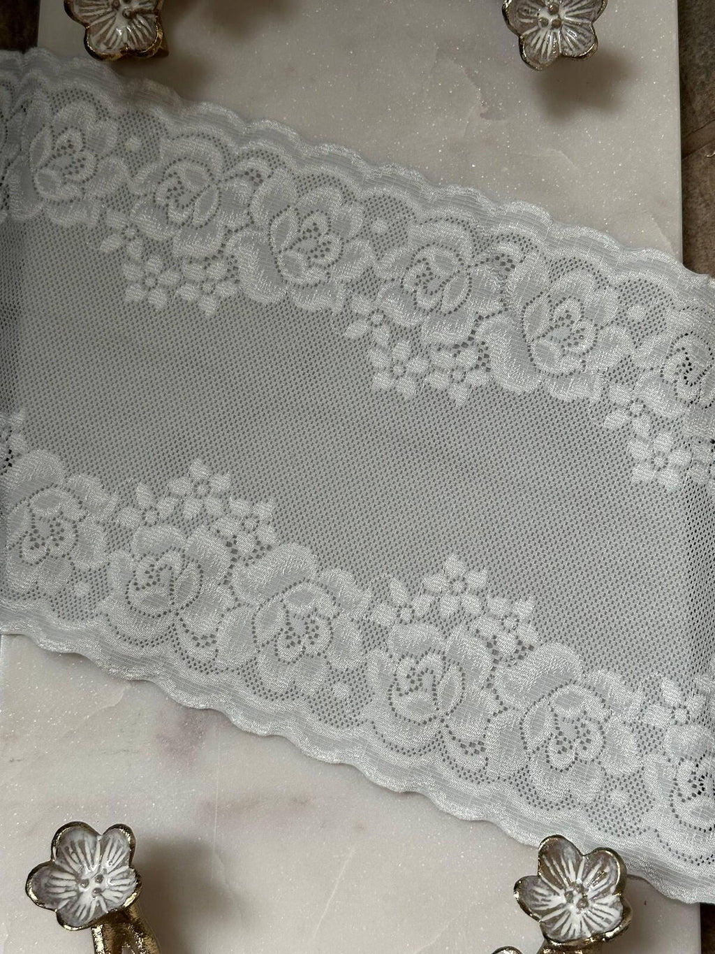 Japanese Off White Rose Wide Stretch Lace Trim by Yard, Bridal Wedding Garter Robe Scalloped Panel, 7", Retail Wholesale Bulk