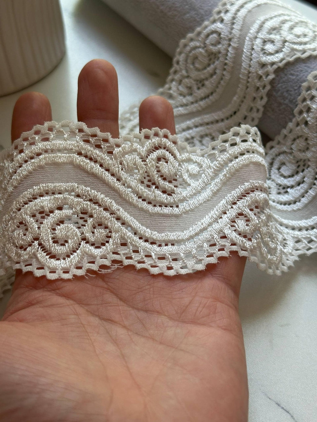 Soft Ivory White Wavy Vine Swirl Stretch Lace Trim by the Yard, Scalloped Elastic Ribbon for Coquette Crafts, 2.25", Retail Wholesale Bulk