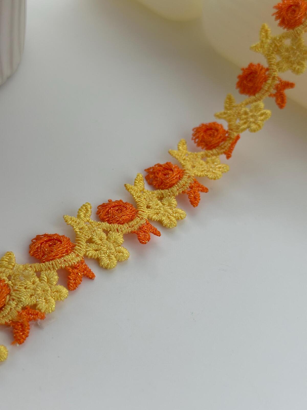 3Yds Non-Stretch 0.8" Yellow Orange 3D Rose Flower Embroidered Lace Wholesale