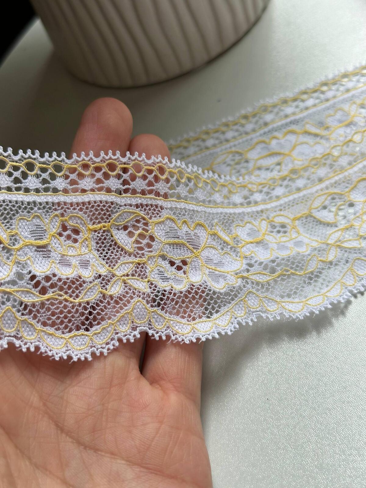 Two Tone White Yellow Floral Corded Stretch Lace Trim by Yard, Scalloped Elastic Ribbon for Crafts, 2.35", Retail Wholesale Bulk