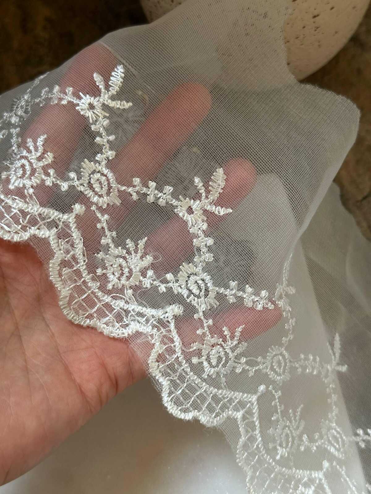 Ivory Organza Embroidered Lace Trim by Yard, Structured Floral Scalloped Ribbon, 5" Wide 3" Embroidery, Retail Wholesale Bulk