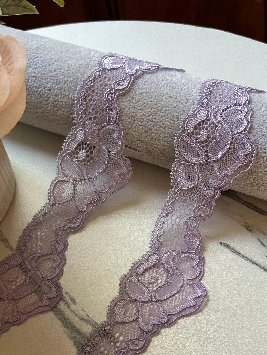 10yds Soft Dusty Lilac Floral Wavy Stretch Lace Trim by the Yard, Scalloped Elastic Ribbon for Coquette Crafts, 1.75", Retail Wholesale Bulk