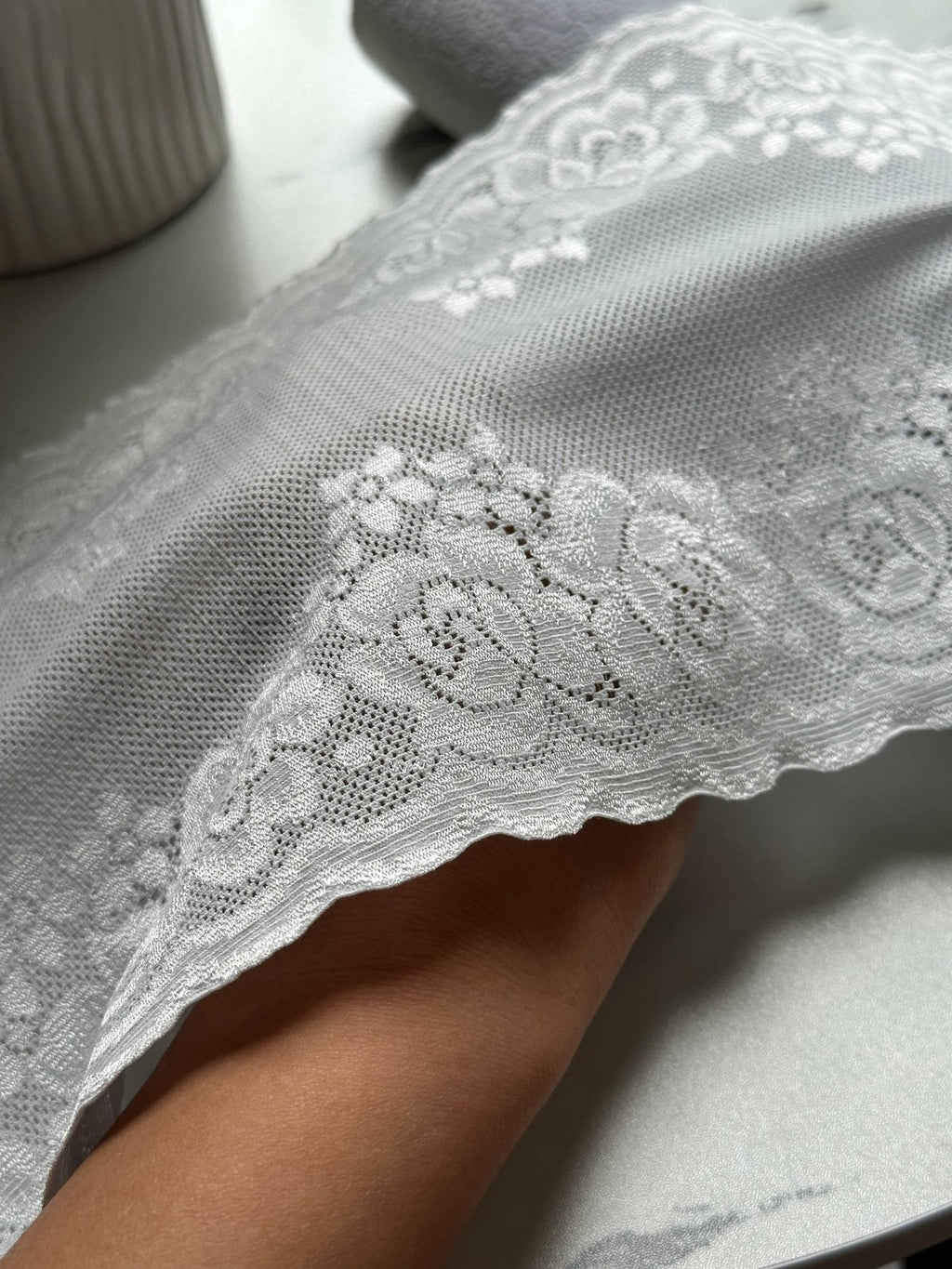 Japanese Off White Rose Wide Stretch Lace Trim by Yard, Bridal Wedding Garter Robe Scalloped Panel, 7", Retail Wholesale Bulk