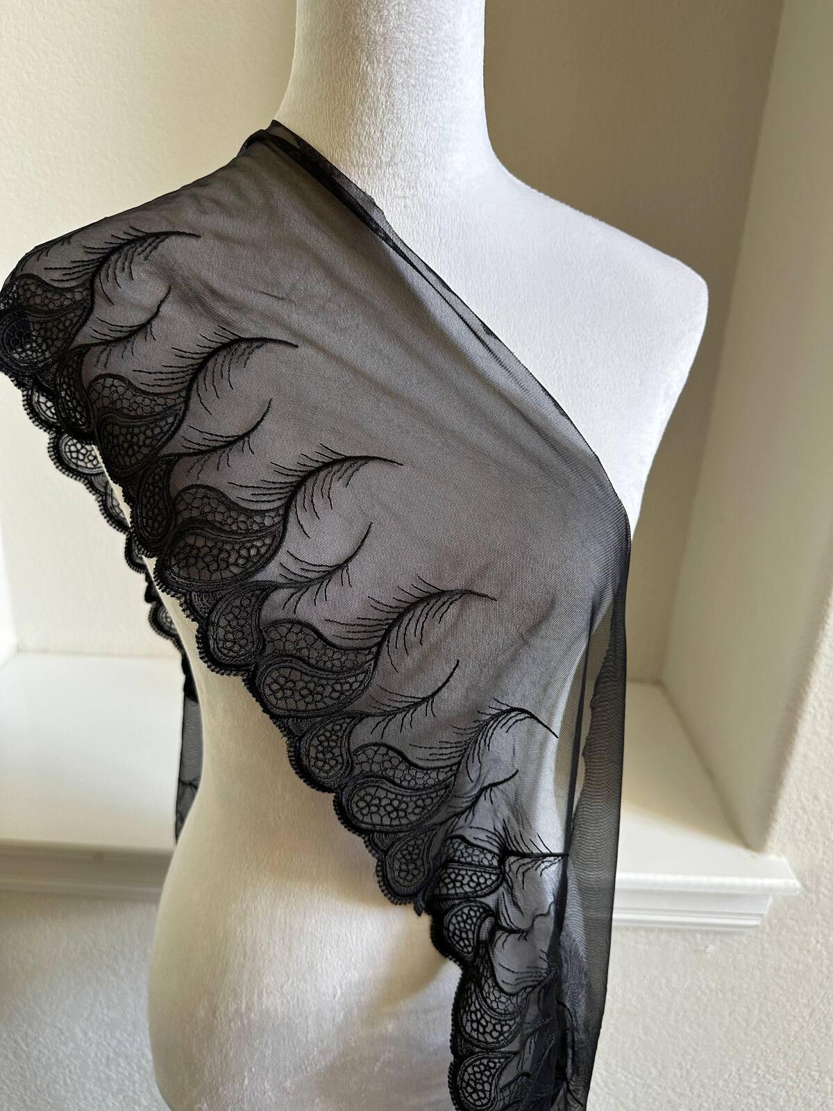 2.5yard 7.5" Black Paisley Lace Trim Wide Embroidered Feather Soft Mesh Single Scalloped Edge Ribbon for Garment Lingerie Sewing
