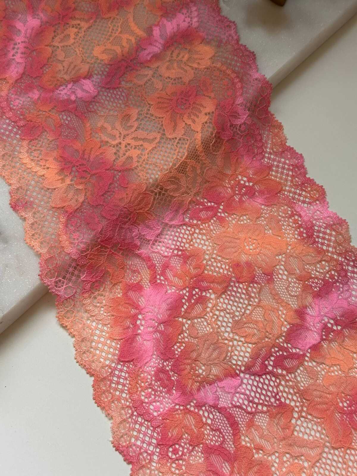 Ombre Pink Wide Lace Trim by Yard, 6.35" Sunset Elastic Ribbon, Coquette Y2K Lace, Lingerie Lace, DIY Sewing Craft, Retail Wholesale