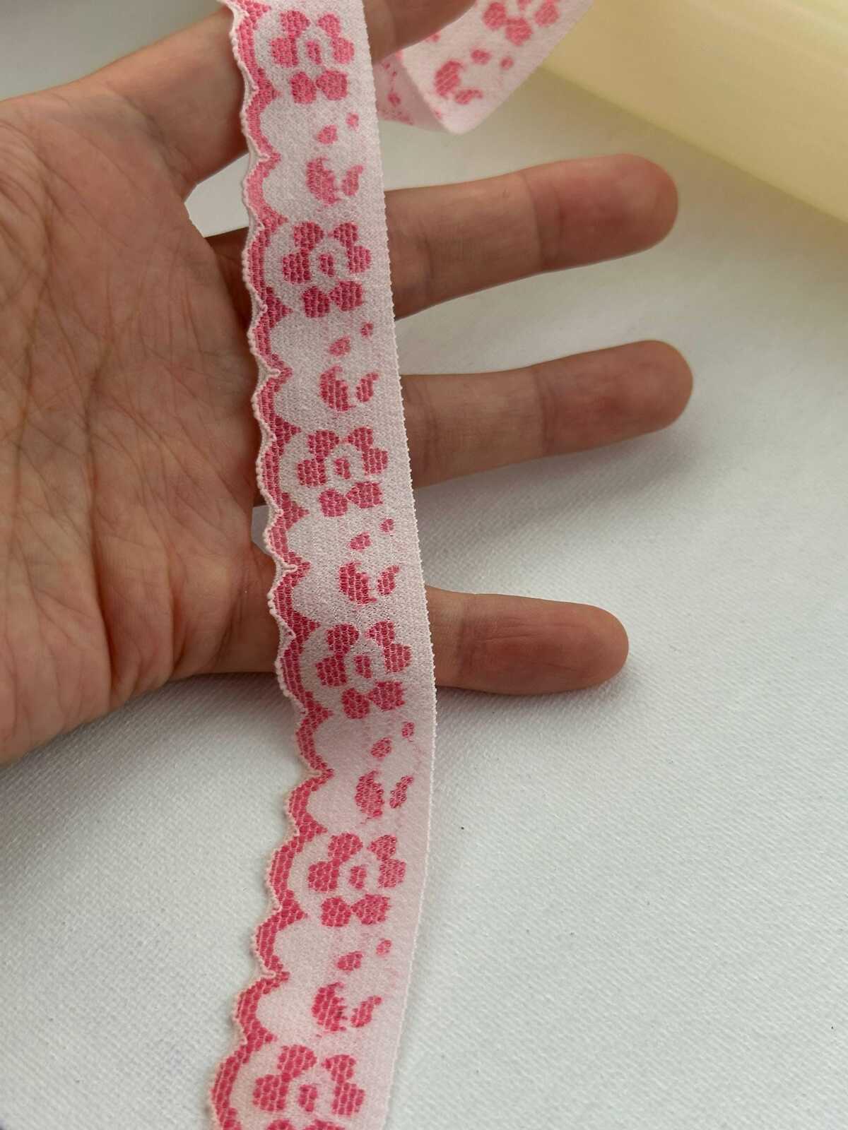 10Yds Stretch 0.8" Off-White Pink Floral Scalloped Stretch Lace Wholesale