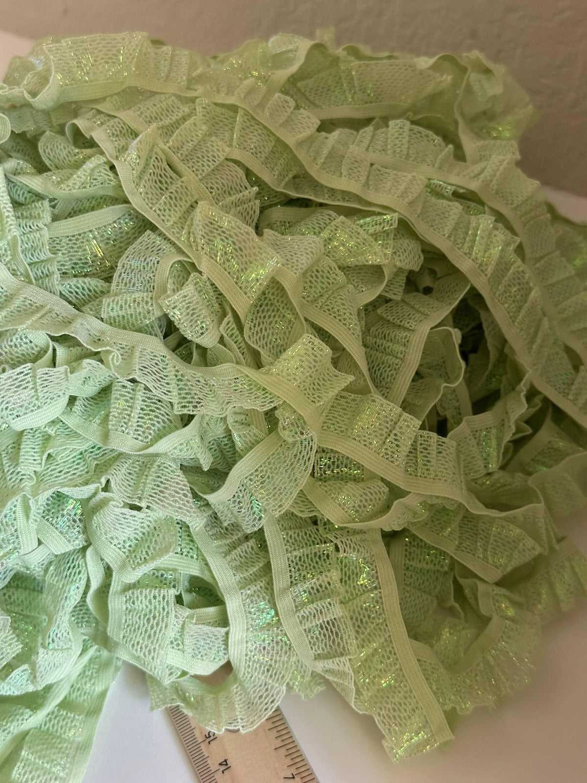 10yds 0.75 Inch Shimmer Elastic Ruffle Trim, Green Ruched Stretch Lace for Sewing, Y2K & Coquette Crafts Retail Wholesale