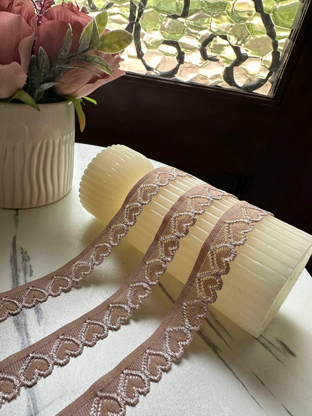 10yds Dusty Rose Mauve Heart Stretch Elastic Lace Trim Single Scalloped Narrow Ribbon for Lingerie Underwear  Crafts, 0.7"  Wholesale