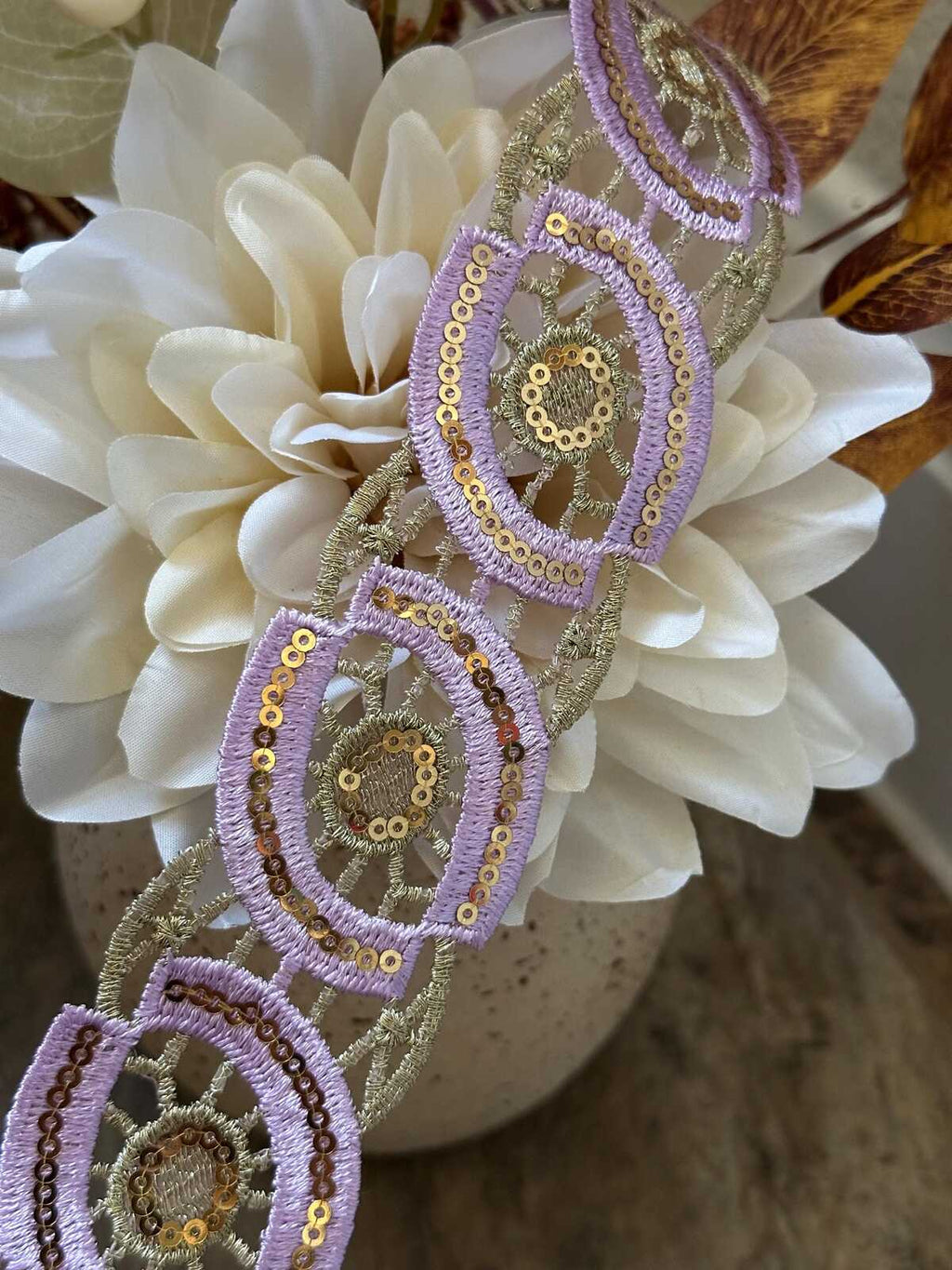 Lavender Gold Sequin Guipure Water Soluble Lace Trim Metallic Ribbon, Coquette Craft Supply, 1.5", Retail Wholesale Bulk