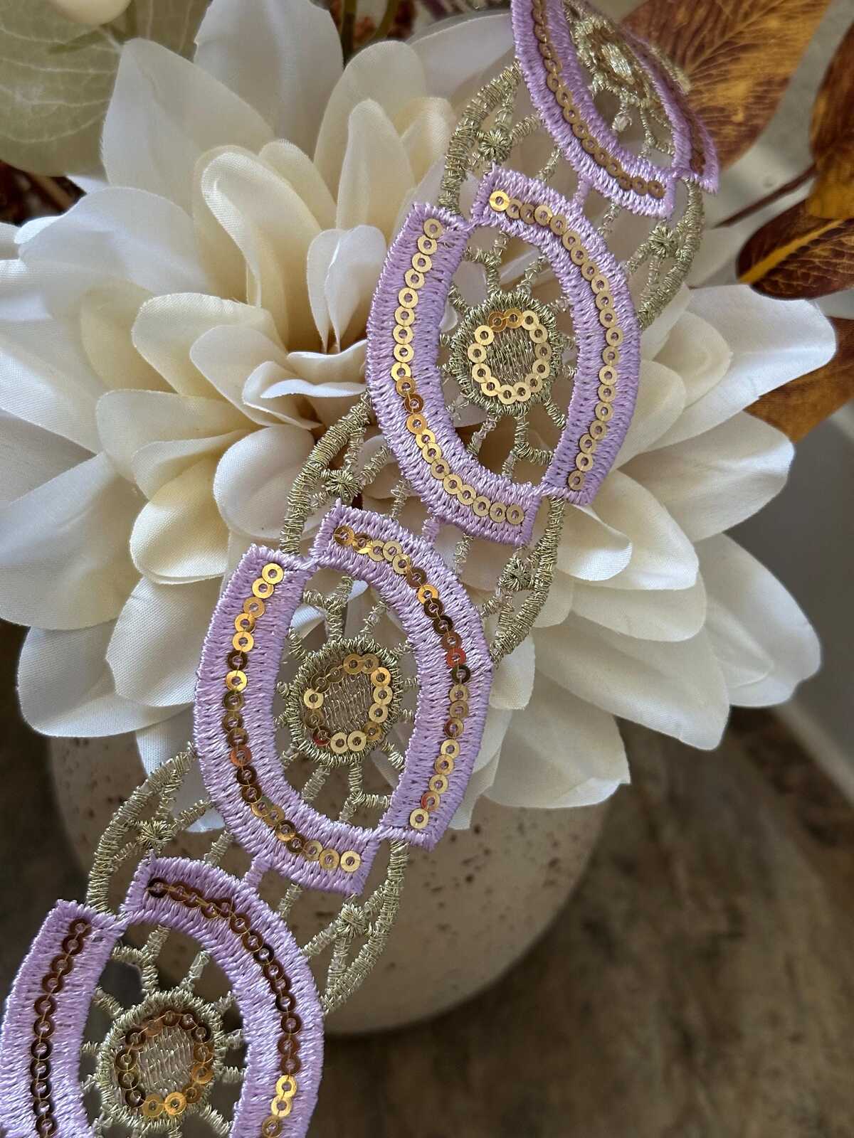 Lavender Gold Sequin Guipure Water Soluble Lace Trim Metallic Ribbon, Coquette Craft Supply, 1.5", Retail Wholesale Bulk
