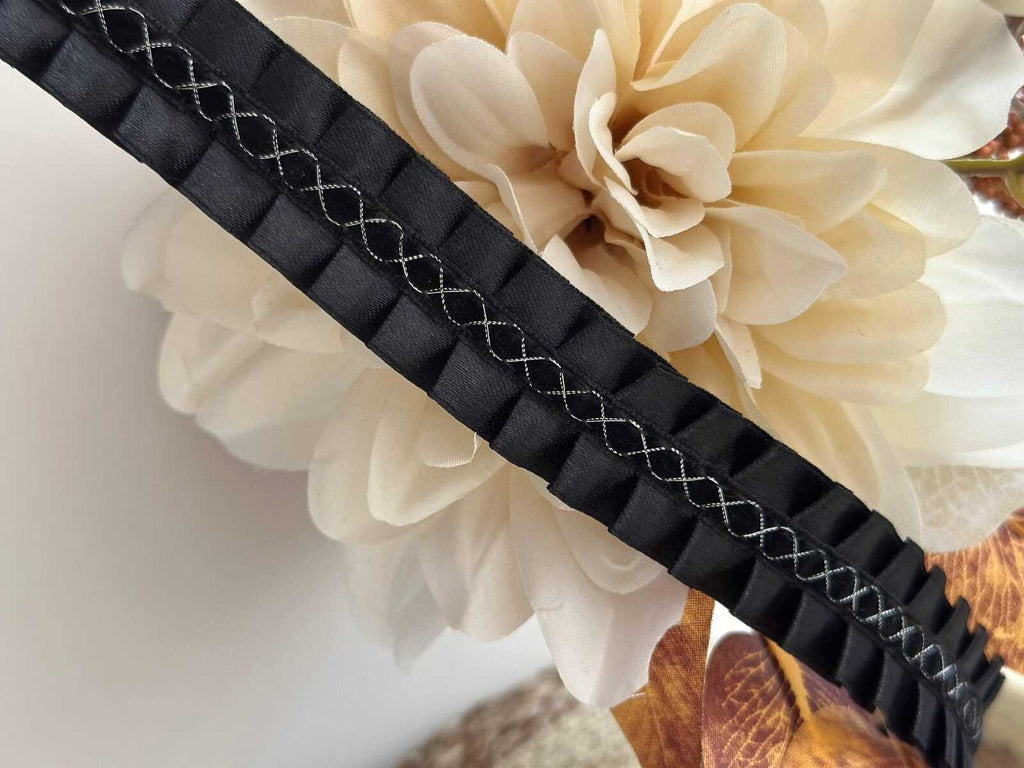 5Yds Black Box Pleated Satin Lace, 0.95" Silver Stitch Ribbon, Bulk Clearance Coquette Y2K Lace, Garment Trim, DIY Sewing, Retail Wholesale