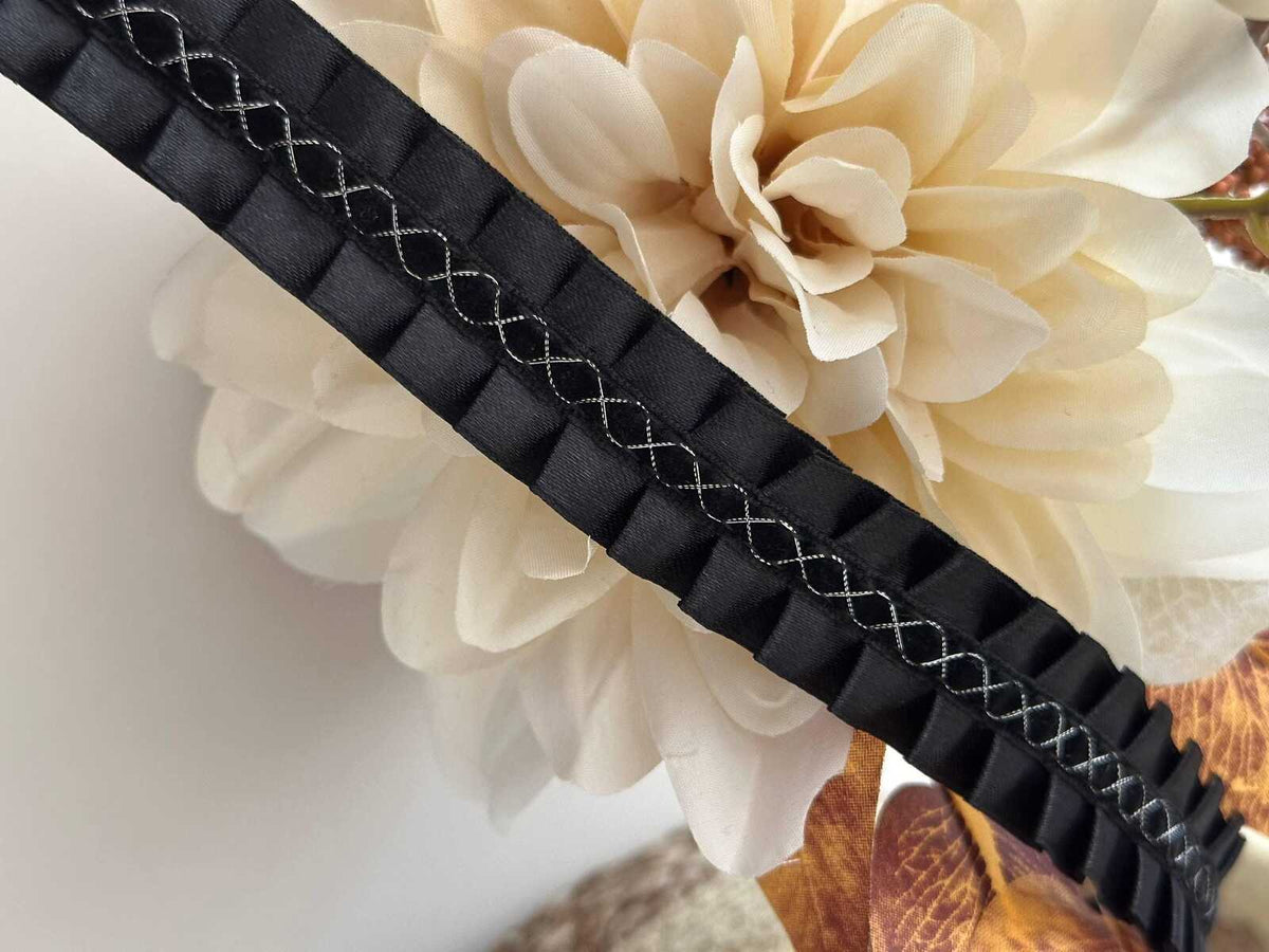5Yds Black Box Pleated Satin Lace, 0.95" Silver Stitch Ribbon, Bulk Clearance Coquette Y2K Lace, Garment Trim, DIY Sewing, Retail Wholesale