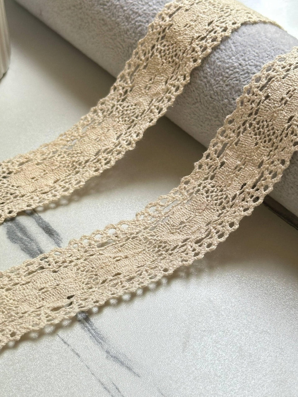 Soft Natural Beige Beige Cotton Crochet Geometric Lace Trim by the Yard, Scalloped Cotton Ribbon for Crafts, 1.35", Retail Wholesale Bulk