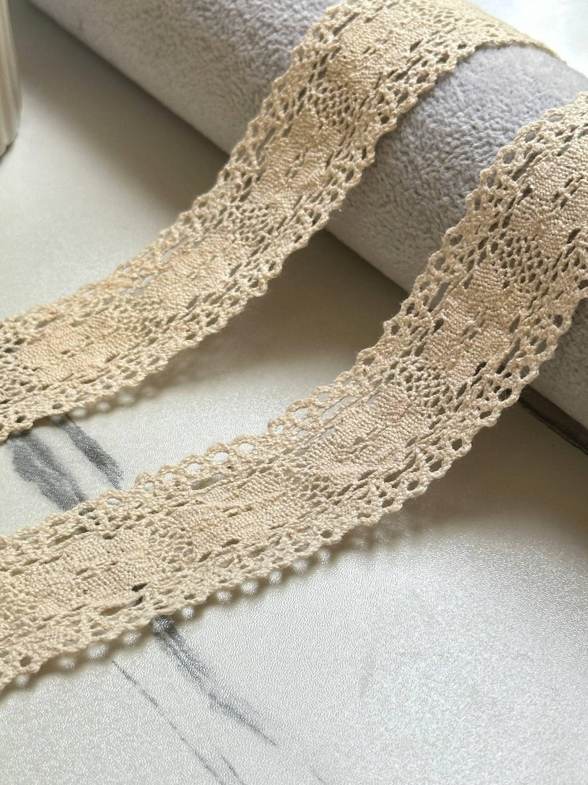 Soft Natural Beige Beige Cotton Crochet Geometric Lace Trim by the Yard, Scalloped Cotton Ribbon for Crafts, 1.35", Retail Wholesale Bulk