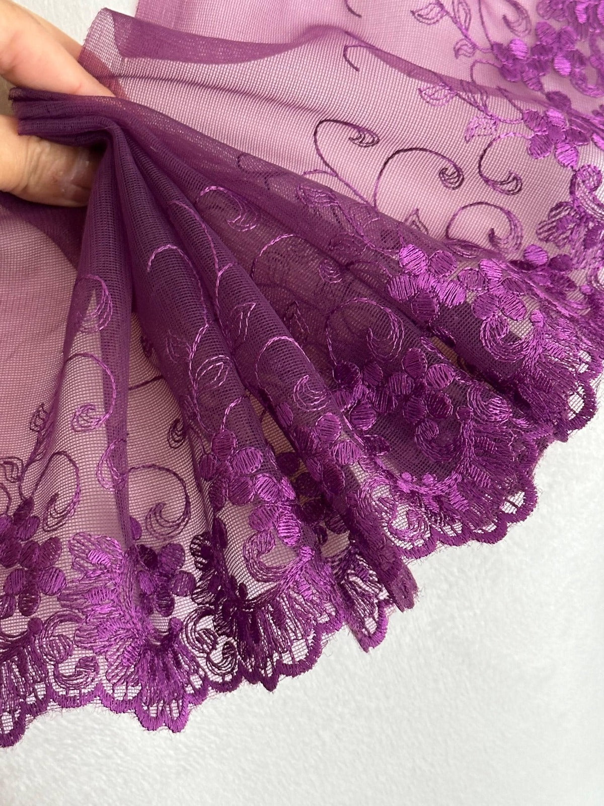 3Yds Non-Stretch 6" Purple Floral Mesh Embroidered Lace Trim, Craft Wholesale