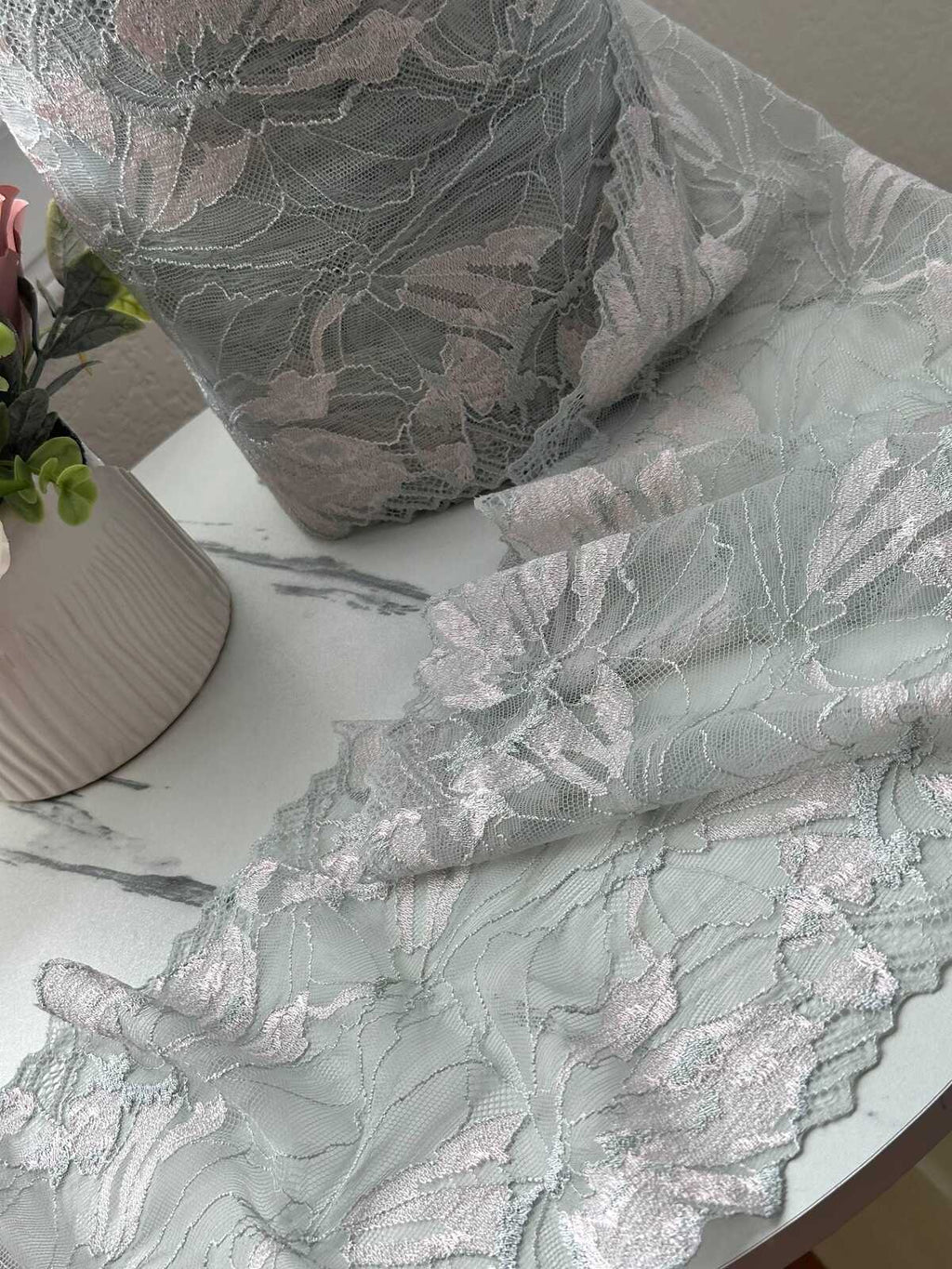 1Yd Slight Stretch 7.2" Two Tone Mint Pink Floral Wide Lace Trim Wholesale
