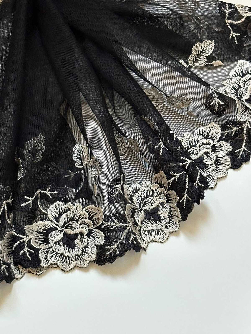 Black Ivory Embroidered Mesh Lace Trim, Extra Wide Tulle Border Ribbon, Coquette Craft Supply, 9", Retail Wholesale Bulk