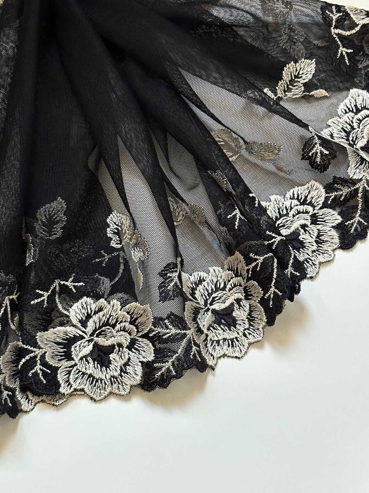 Black Ivory Embroidered Mesh Lace Trim, Extra Wide Tulle Border Ribbon, Coquette Craft Supply, 9", Retail Wholesale Bulk