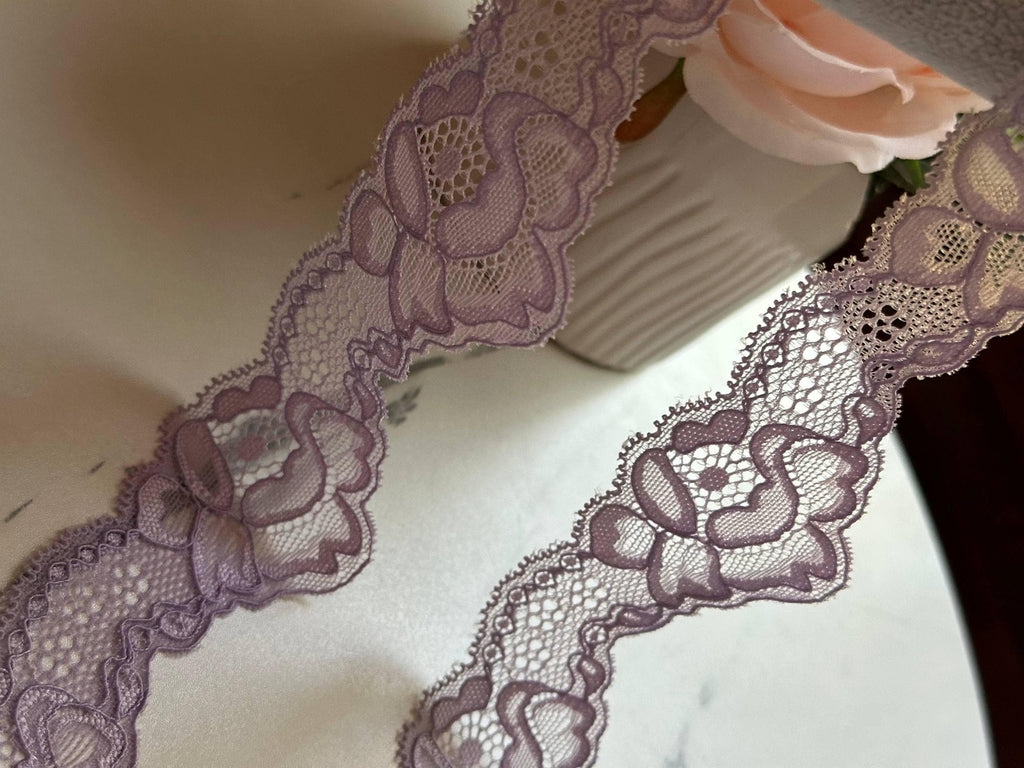 10yds Soft Dusty Lilac Floral Wavy Stretch Lace Trim by the Yard, Scalloped Elastic Ribbon for Coquette Crafts, 1.75", Retail Wholesale Bulk