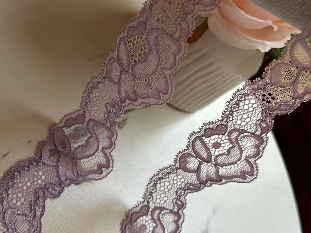 10yds Soft Dusty Lilac Floral Wavy Stretch Lace Trim by the Yard, Scalloped Elastic Ribbon for Coquette Crafts, 1.75", Retail Wholesale Bulk