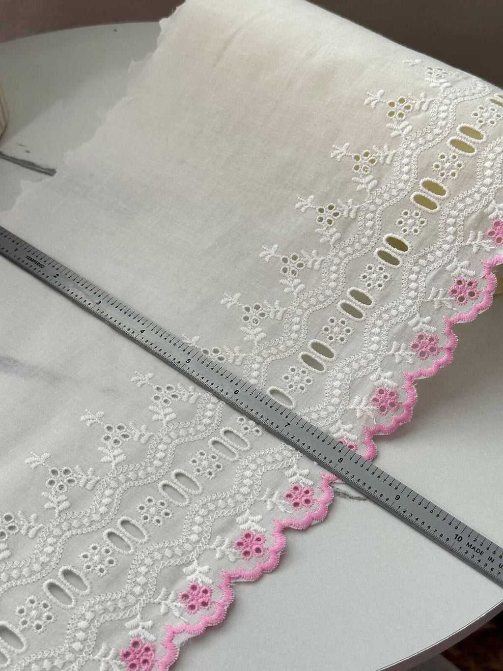 1Yd Non-Stretch 8.3" Off-White Pink Cotton Eyelet Embroidered Lace Trim
