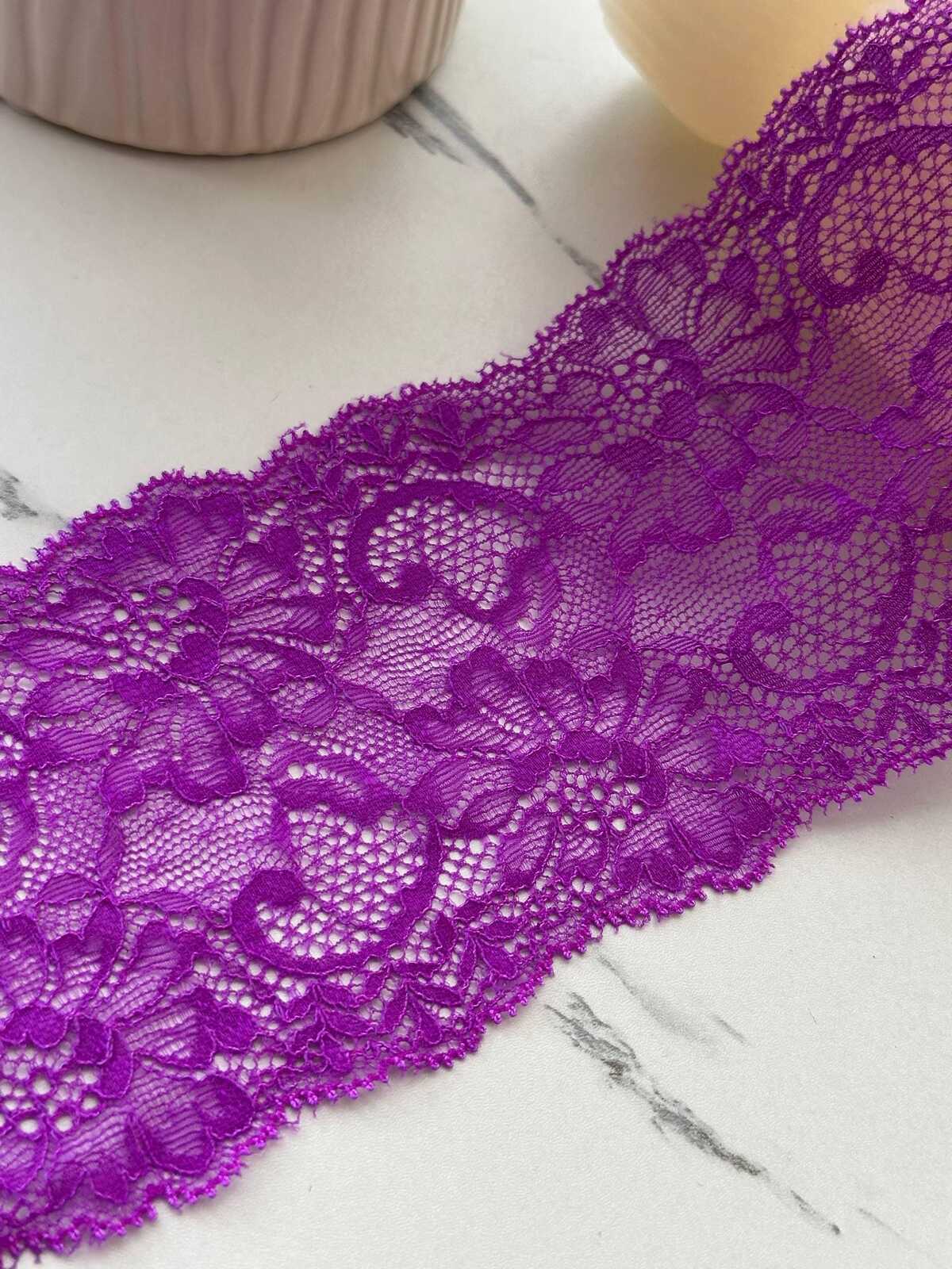 6Yds Stretch 3.5" Vibrant Purple Magenta Floral Scalloped Stretch Lace Trim