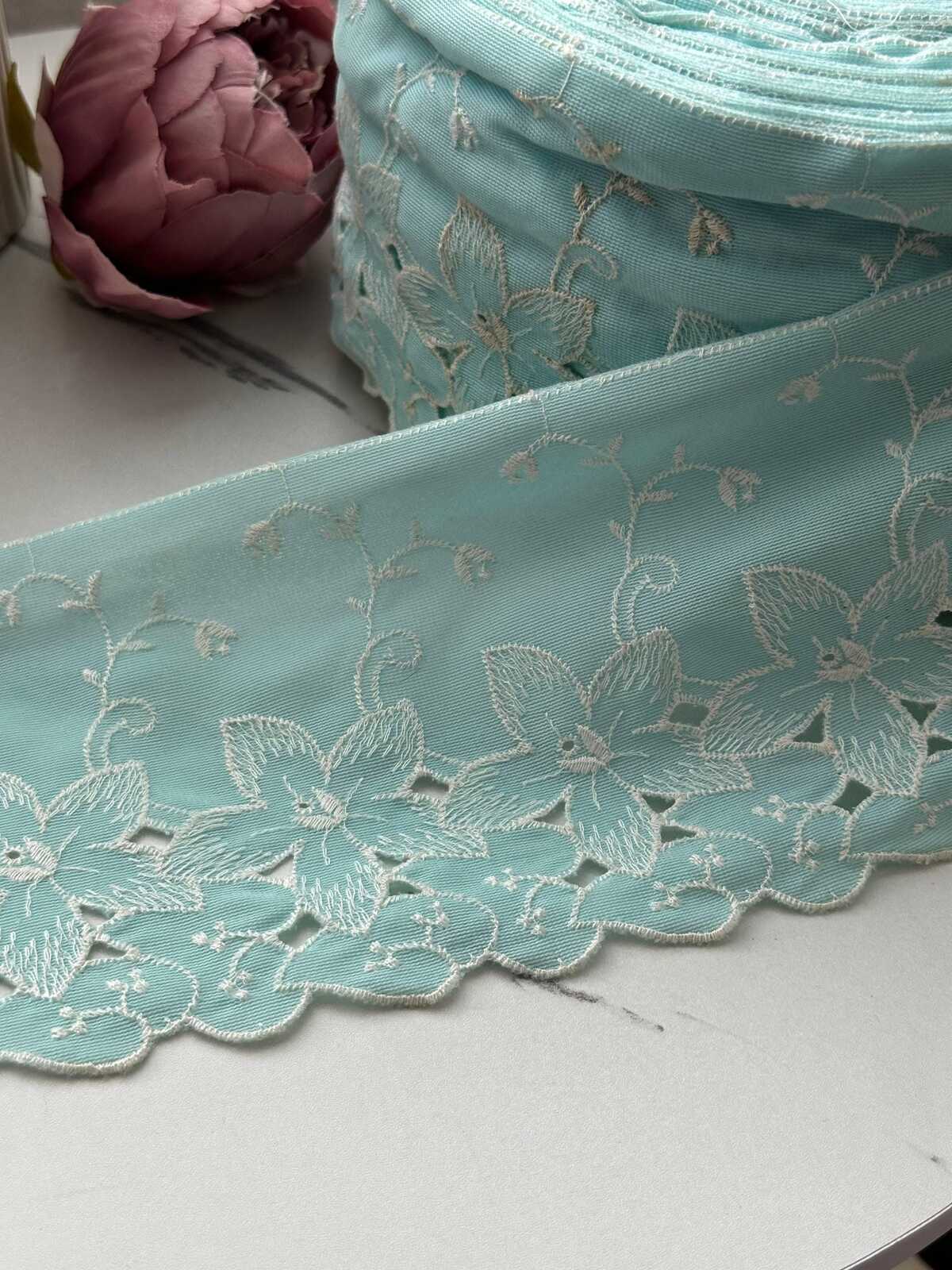 1Yd Non-Stretch 4.5" Aqua Mint Green Floral Embroidered Cotton Lace Wholesale