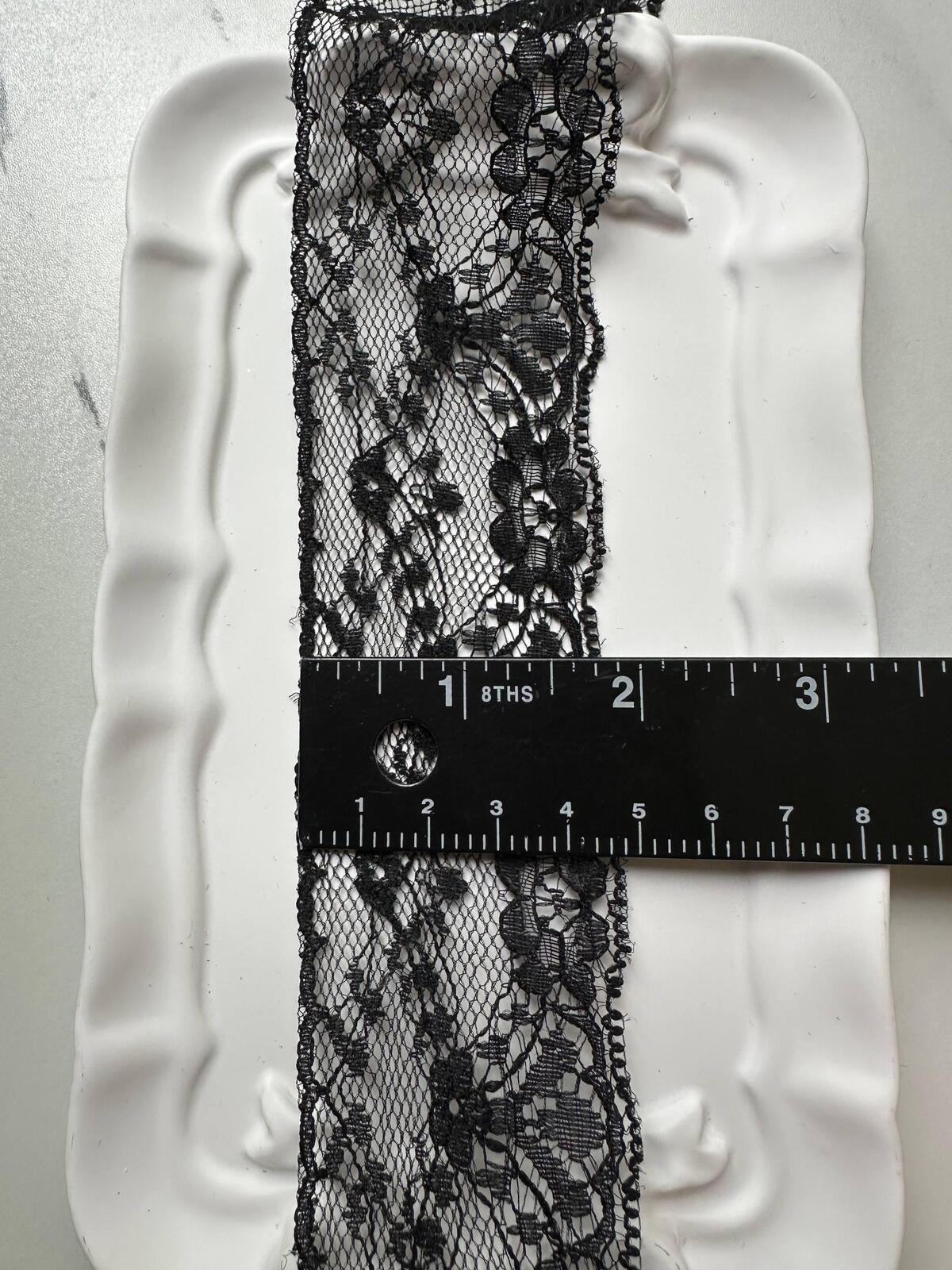 10yds Classic Onyx Black Floral Non Stretch Lace Trim Symmetrical Double Scalloped Galloon Ribbon for Gowns Blouses Crafts Sewing, 1.75"